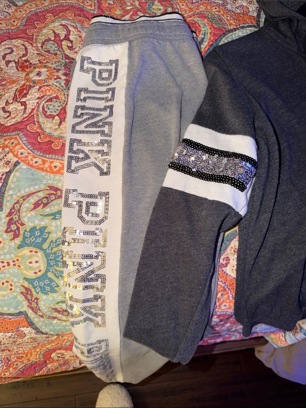 PINK Victoria's Secret Gray & White Logo Joggers with Sequin Detail